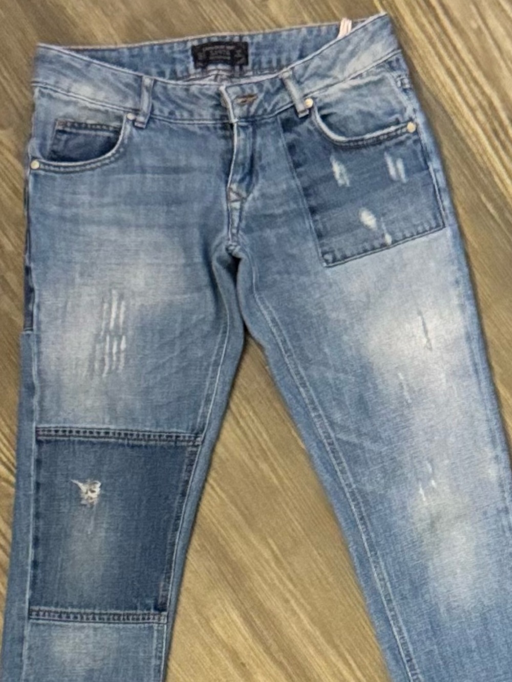 90s Grunge Revival Zara Low Waist Boyfriend Straight Leg Jeans Patchwork, Sz 00